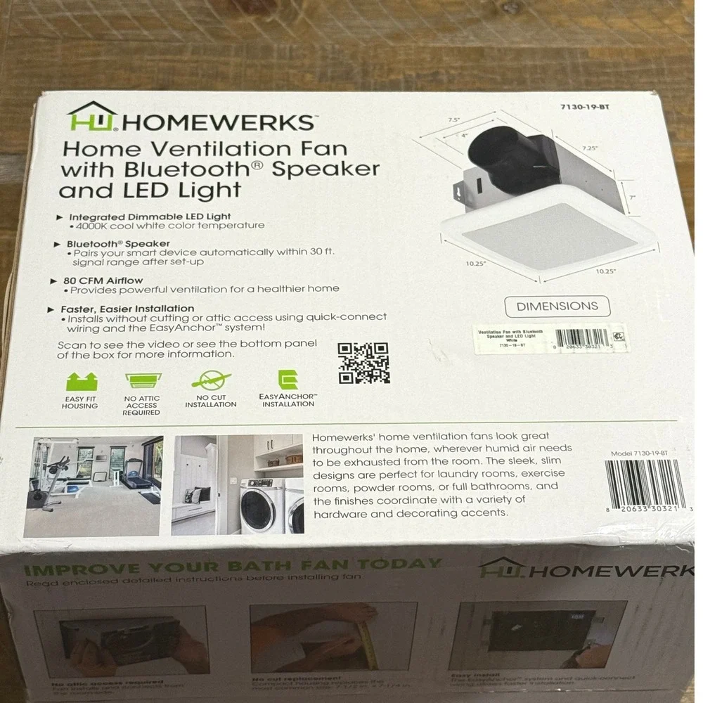 Homewerks 80 CFM Bathroom Ventilation Fan Bluetooth Speaker NEW Light 7130-19-BT